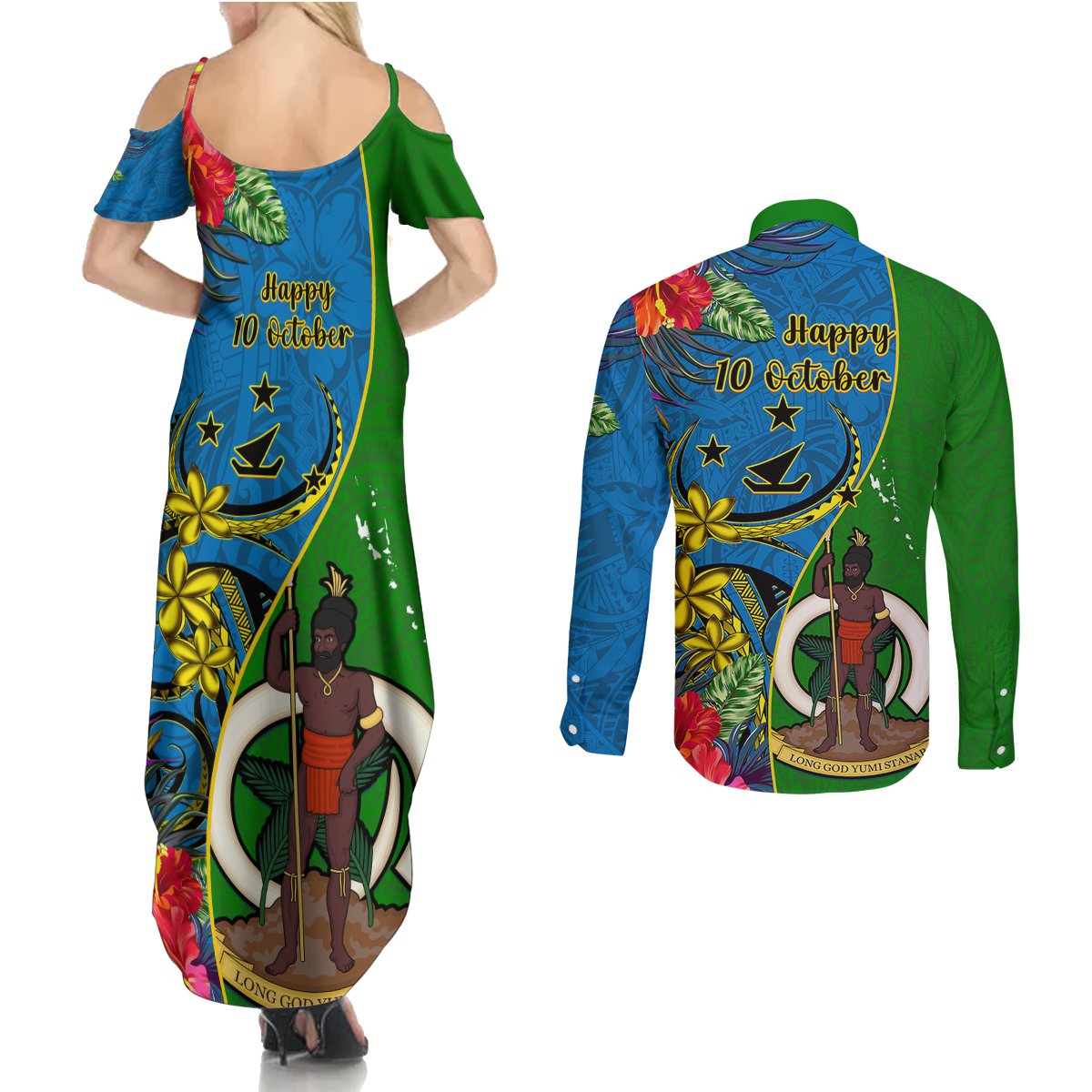 vanuatu-malampa-day-couples-matching-summer-maxi-dress-and-long-sleeve-button-shirts-coat-of-arms-mix-tropical-flowers