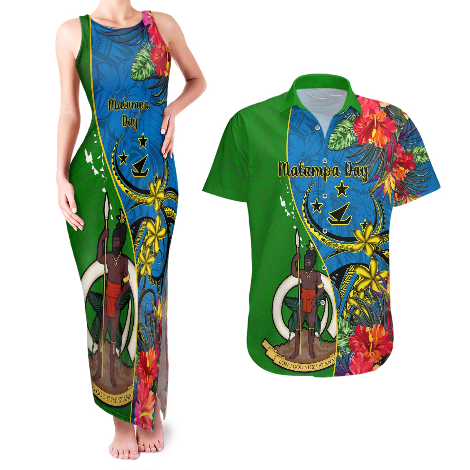vanuatu-malampa-day-couples-matching-tank-maxi-dress-and-hawaiian-shirt-coat-of-arms-mix-tropical-flowers