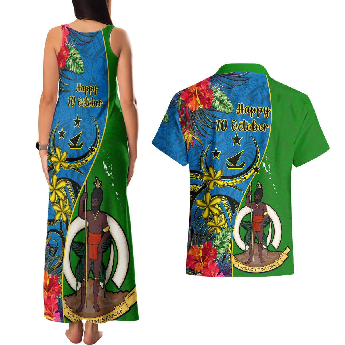 Vanuatu Malampa Day Couples Matching Tank Maxi Dress and Hawaiian Shirt Coat Of Arms Mix Tropical Flowers LT14 - Polynesian Pride