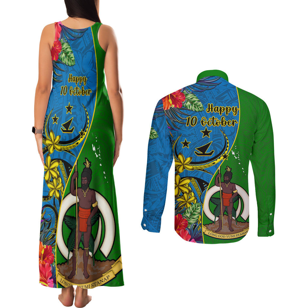 vanuatu-malampa-day-couples-matching-tank-maxi-dress-and-long-sleeve-button-shirts-coat-of-arms-mix-tropical-flowers