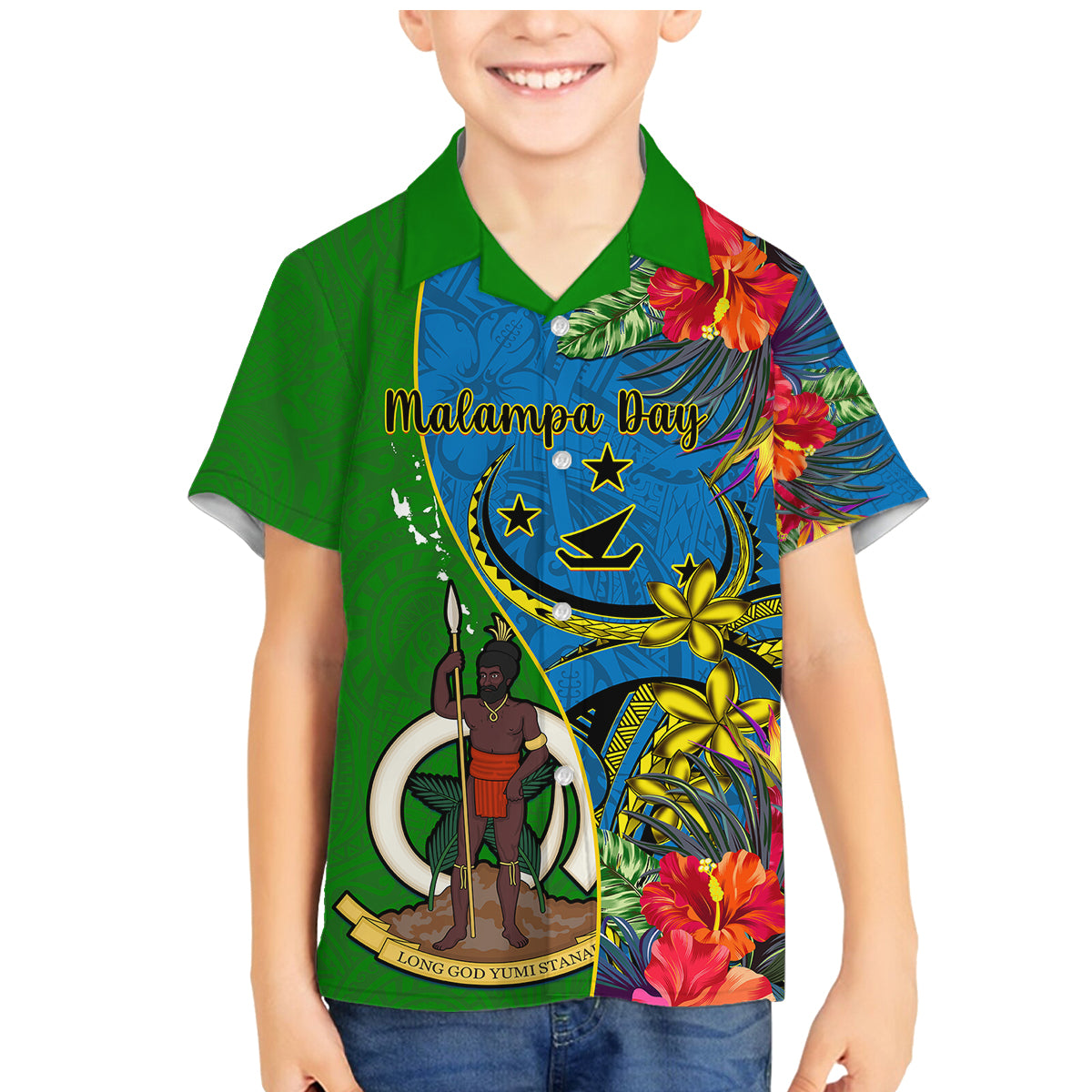 Vanuatu Malampa Day Family Matching Mermaid Dress and Hawaiian Shirt Coat Of Arms Mix Tropical Flowers LT14 Son's Shirt Green - Polynesian Pride