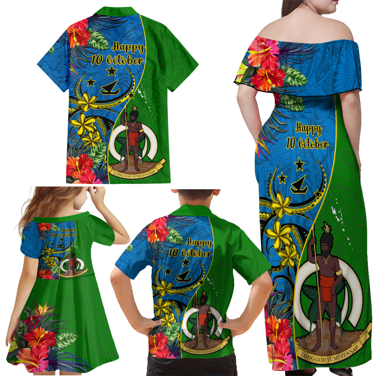 Vanuatu Malampa Day Family Matching Off Shoulder Maxi Dress and Hawaiian Shirt Coat Of Arms Mix Tropical Flowers LT14 - Polynesian Pride