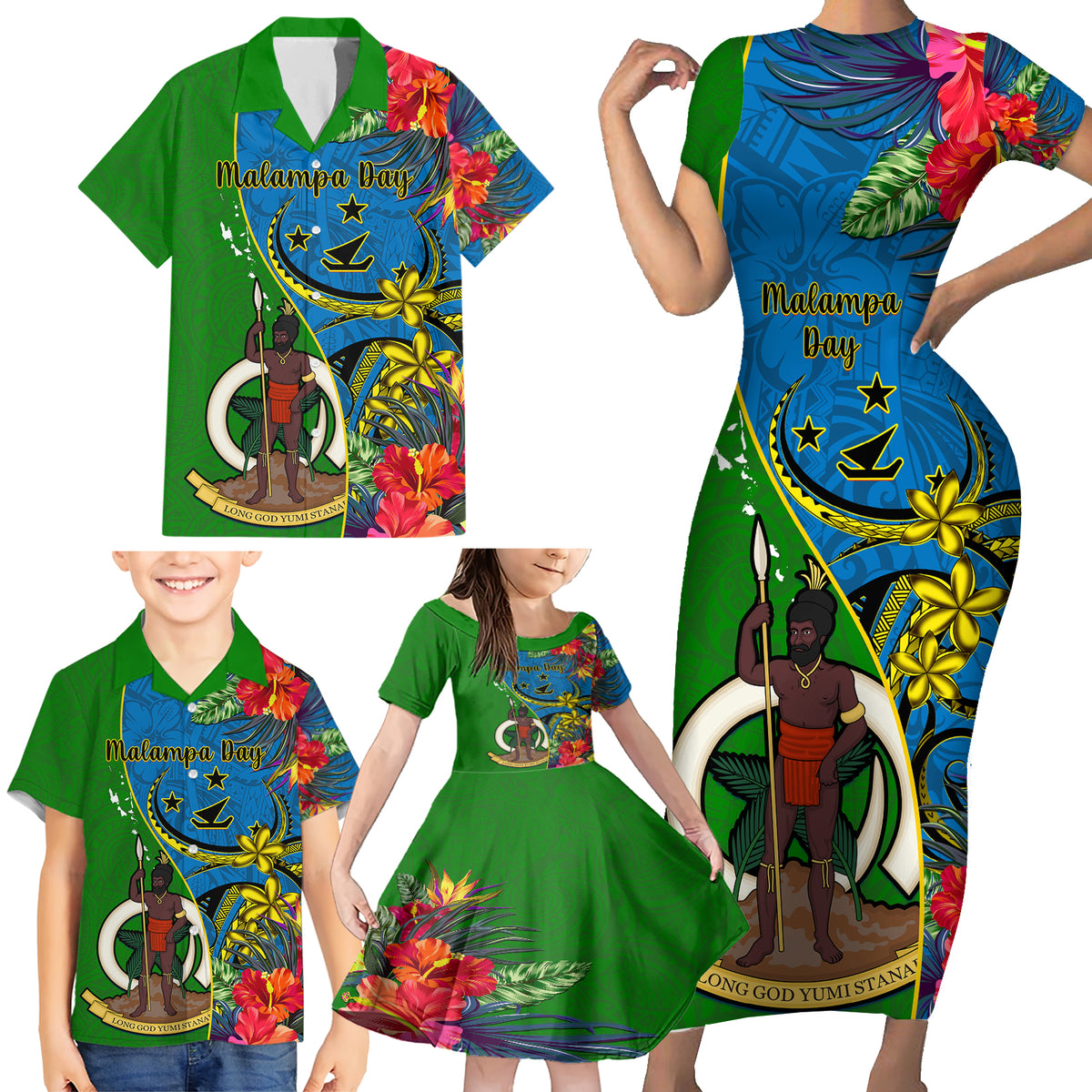 Vanuatu Malampa Day Family Matching Short Sleeve Bodycon Dress and Hawaiian Shirt Coat Of Arms Mix Tropical Flowers LT14 - Polynesian Pride