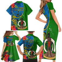 Vanuatu Malampa Day Family Matching Short Sleeve Bodycon Dress and Hawaiian Shirt Coat Of Arms Mix Tropical Flowers LT14 - Polynesian Pride