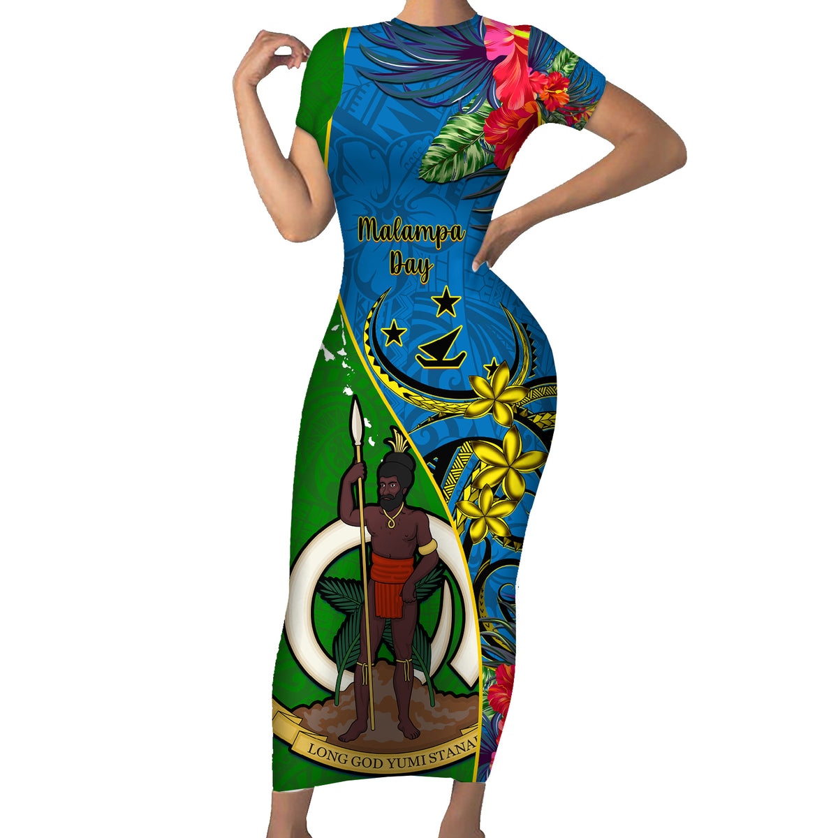 Vanuatu Malampa Day Family Matching Short Sleeve Bodycon Dress and Hawaiian Shirt Coat Of Arms Mix Tropical Flowers LT14 Mom's Dress Green - Polynesian Pride