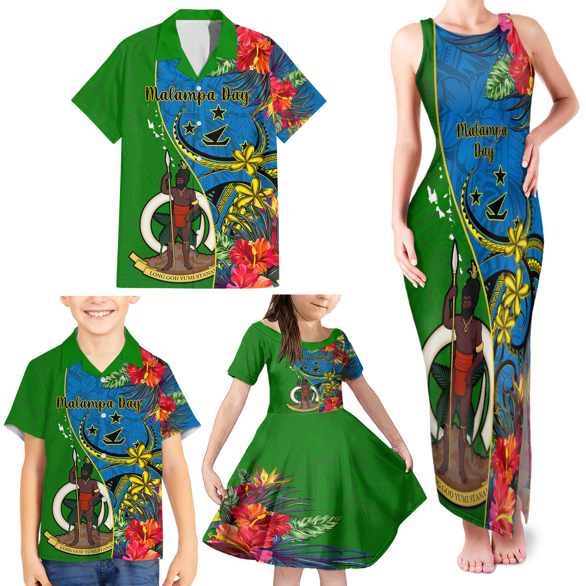 Vanuatu Malampa Day Family Matching Tank Maxi Dress and Hawaiian Shirt Coat Of Arms Mix Tropical Flowers LT14 - Polynesian Pride