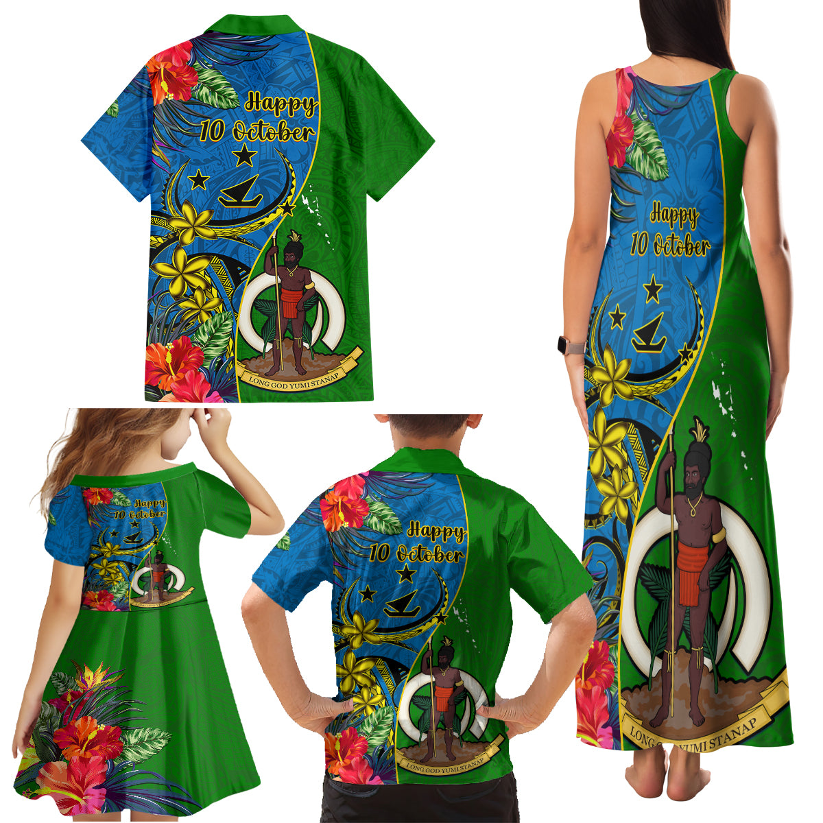 Vanuatu Malampa Day Family Matching Tank Maxi Dress and Hawaiian Shirt Coat Of Arms Mix Tropical Flowers LT14 - Polynesian Pride