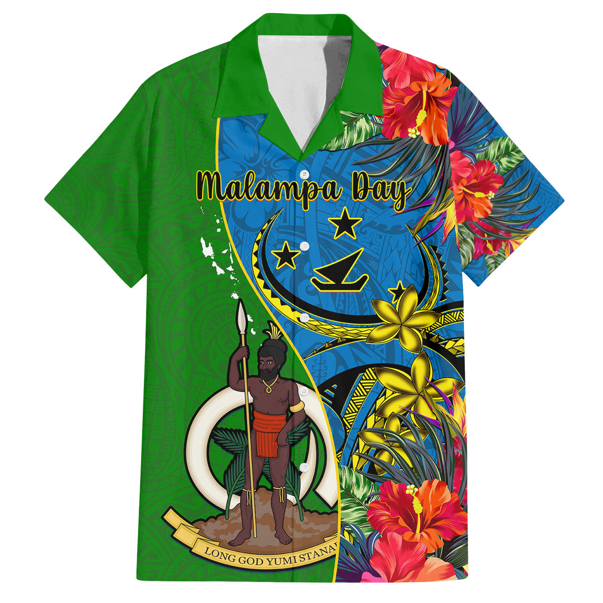 Vanuatu Malampa Day Family Matching Tank Maxi Dress and Hawaiian Shirt Coat Of Arms Mix Tropical Flowers LT14 Dad's Shirt - Short Sleeve Green - Polynesian Pride