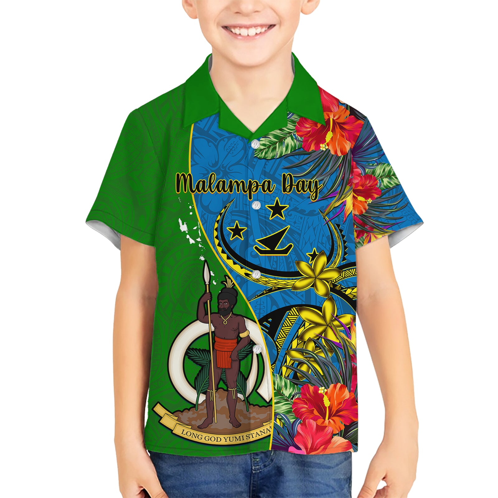 vanuatu-malampa-day-kid-hawaiian-shirt-coat-of-arms-mix-tropical-flowers