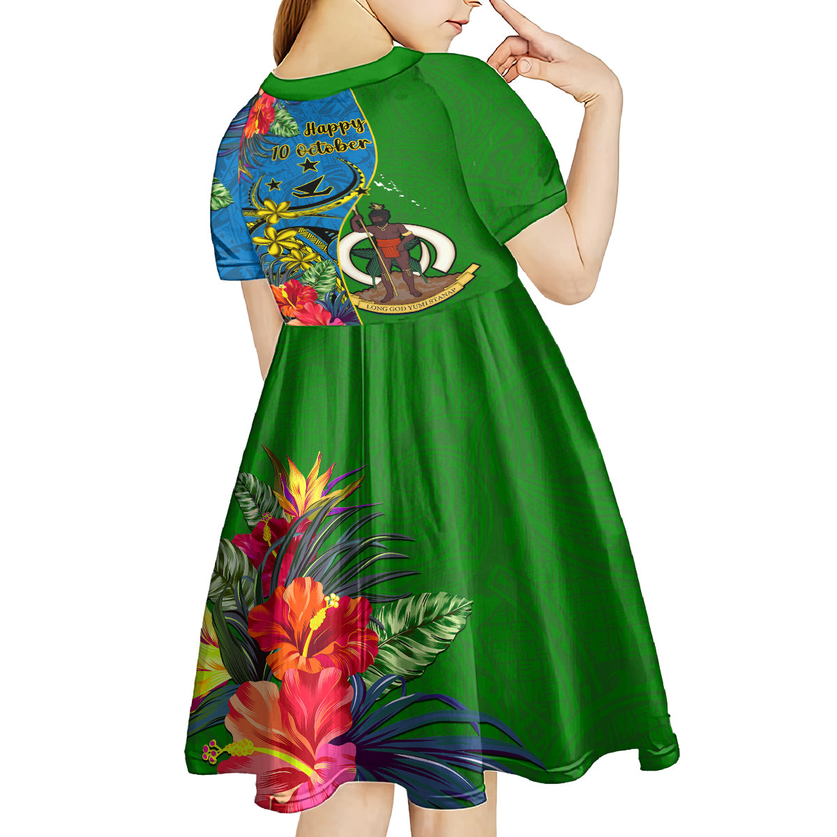 vanuatu-malampa-day-kid-short-sleeve-dress-coat-of-arms-mix-tropical-flowers