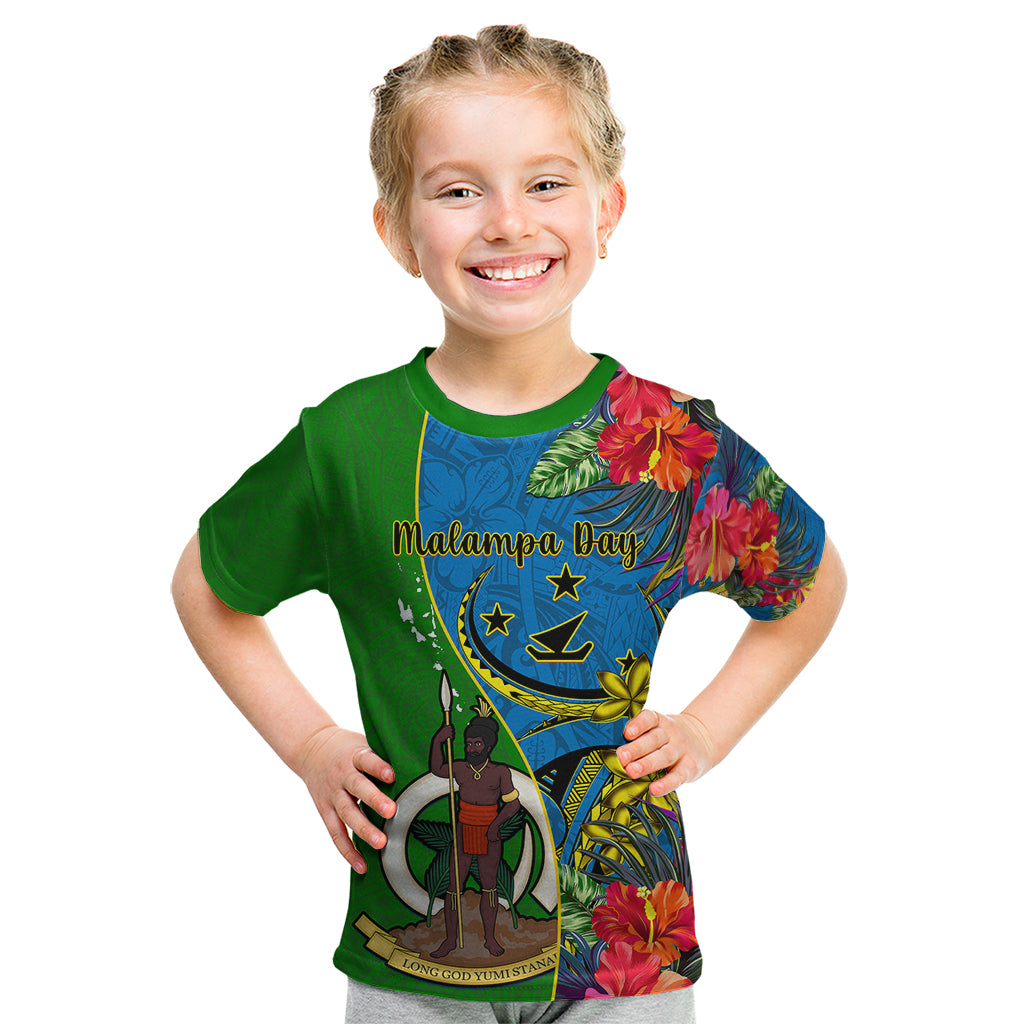 Vanuatu Malampa Day Kid T Shirt Coat Of Arms Mix Tropical Flowers LT14 Green - Polynesian Pride