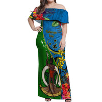 Vanuatu Malampa Day Off Shoulder Maxi Dress Coat Of Arms Mix Tropical Flowers LT14 Women Green - Polynesian Pride