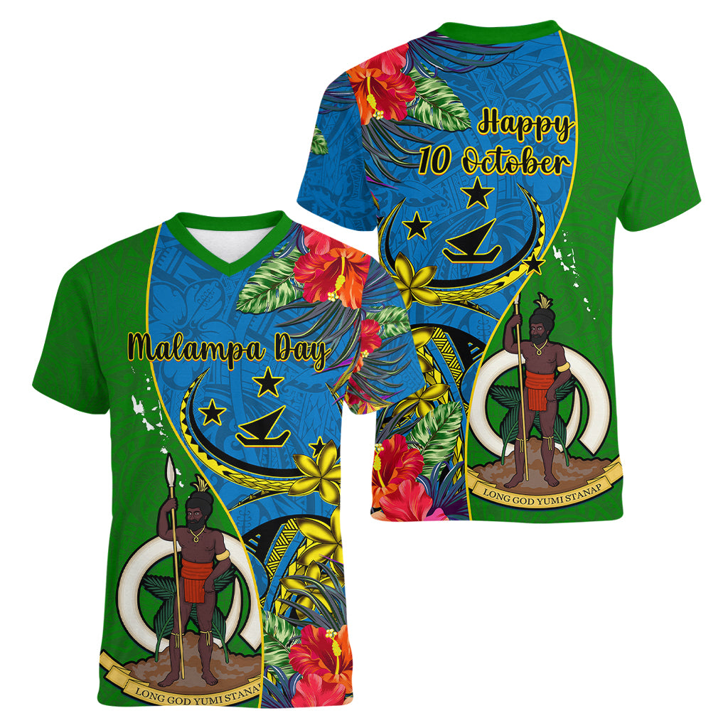 vanuatu-malampa-day-women-v-neck-t-shirt-coat-of-arms-mix-tropical-flowers