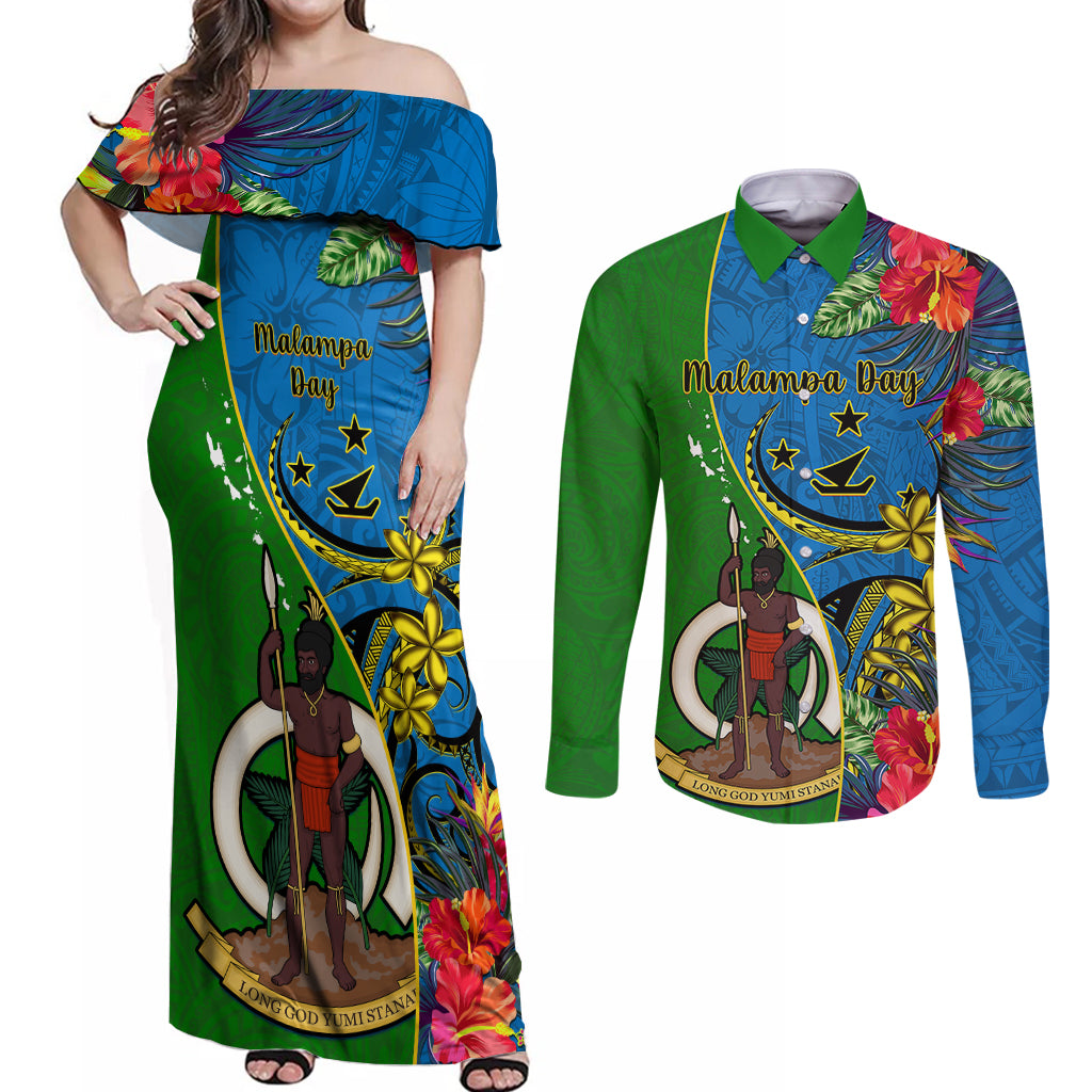 personalised-vanuatu-malampa-day-couples-matching-off-shoulder-maxi-dress-and-long-sleeve-button-shirts-coat-of-arms-mix-tropical-flowers