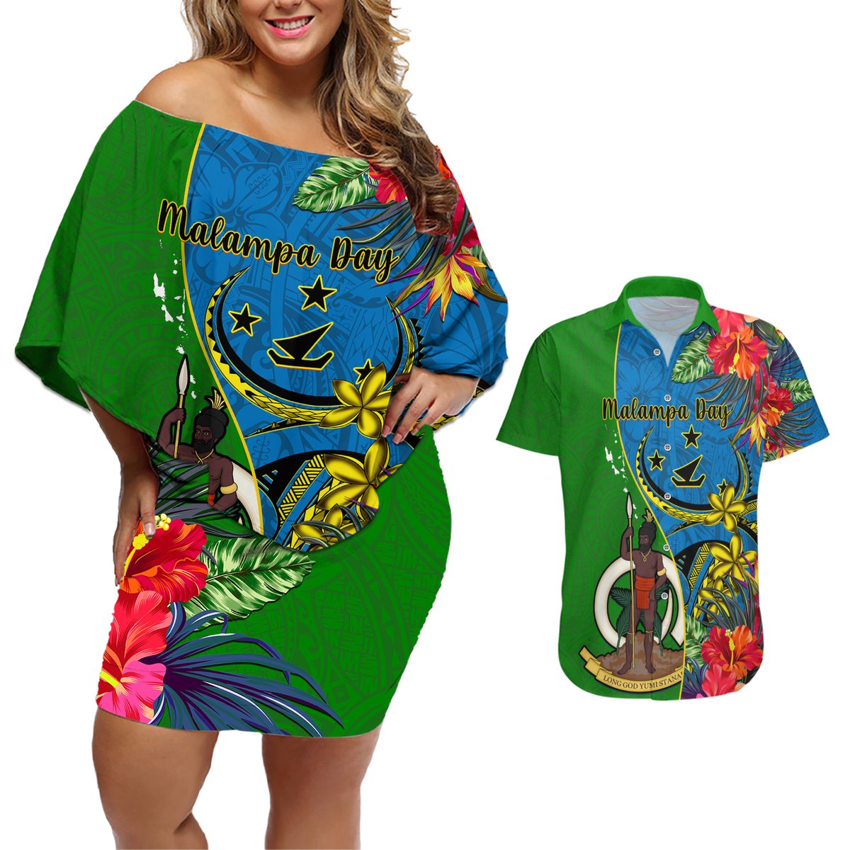Personalised Vanuatu Malampa Day Couples Matching Off Shoulder Short Dress and Hawaiian Shirt Coat Of Arms Mix Tropical Flowers LT14 Green - Polynesian Pride