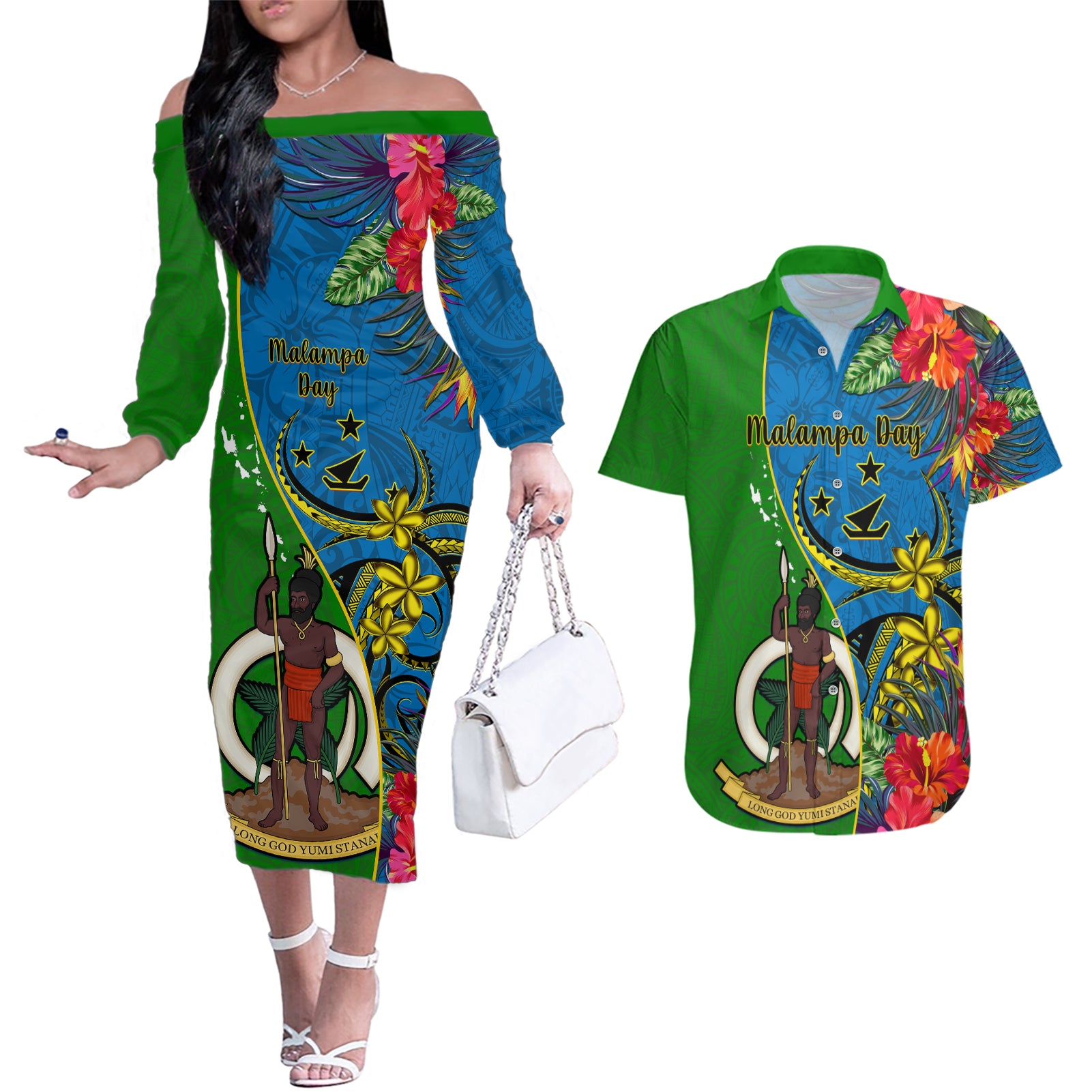 personalised-vanuatu-malampa-day-couples-matching-off-the-shoulder-long-sleeve-dress-and-hawaiian-shirt-coat-of-arms-mix-tropical-flowers