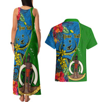 Personalised Vanuatu Malampa Day Couples Matching Tank Maxi Dress and Hawaiian Shirt Coat Of Arms Mix Tropical Flowers LT14 - Polynesian Pride