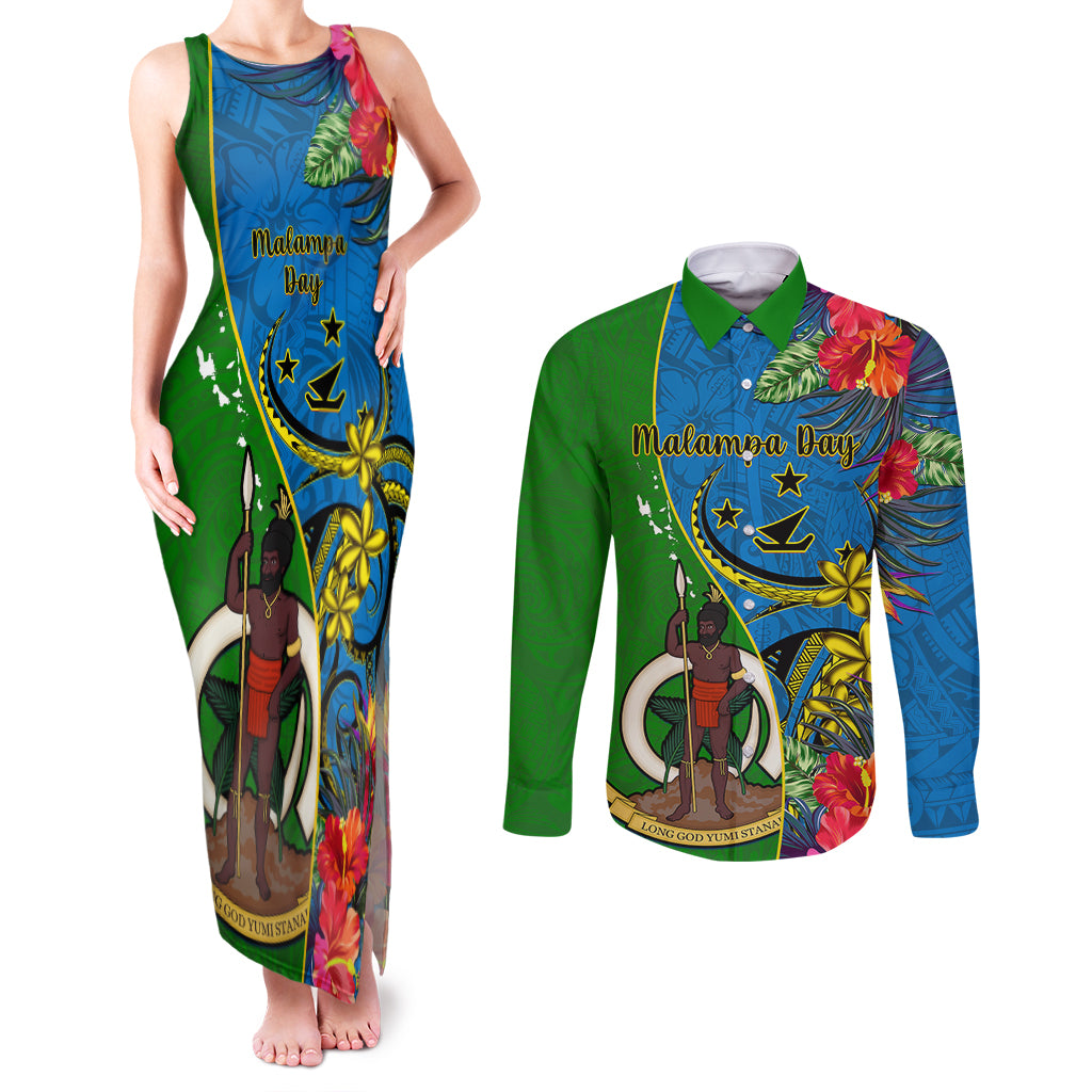 personalised-vanuatu-malampa-day-couples-matching-tank-maxi-dress-and-long-sleeve-button-shirts-coat-of-arms-mix-tropical-flowers