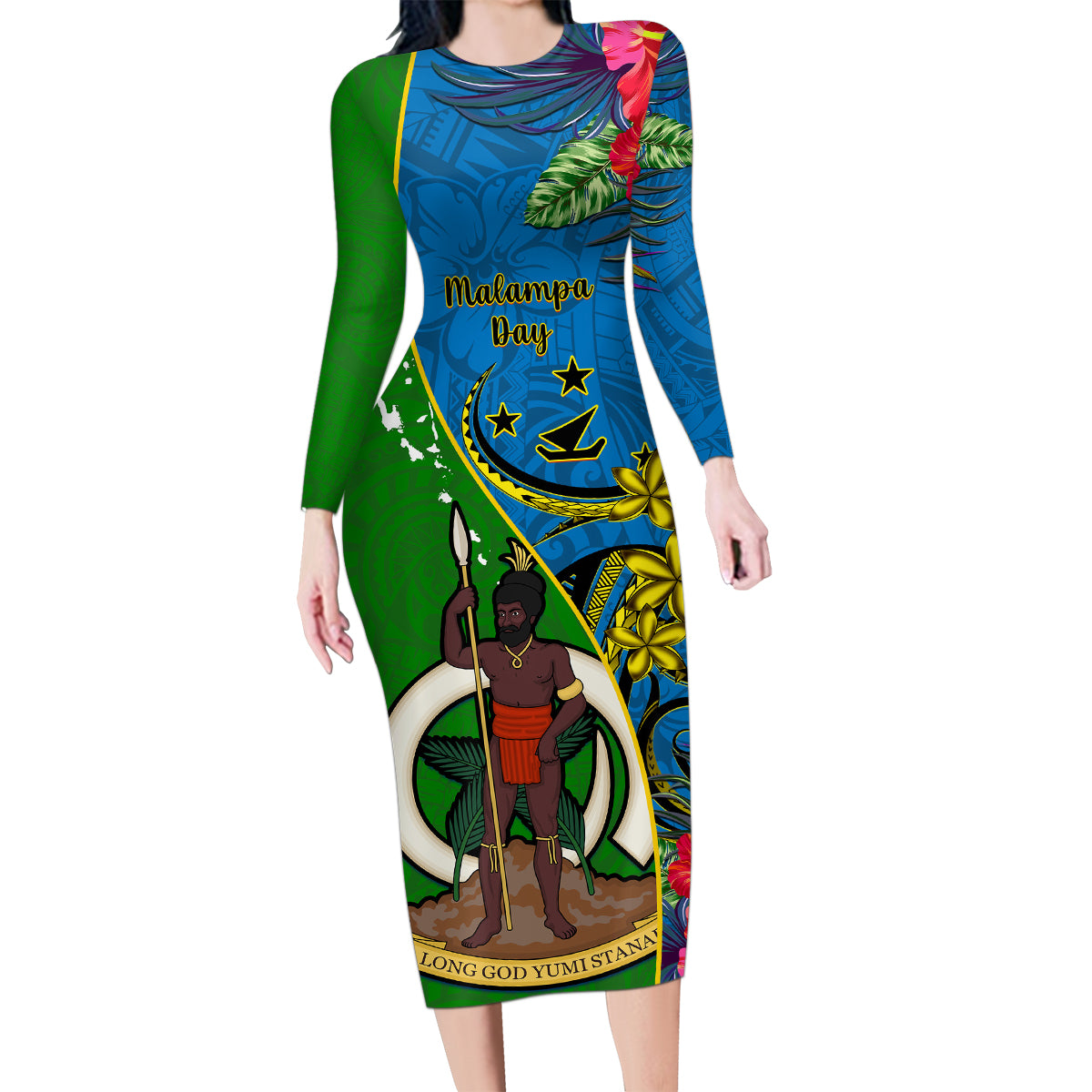 personalised-vanuatu-malampa-day-family-matching-long-sleeve-bodycon-dress-and-hawaiian-shirt-coat-of-arms-mix-tropical-flowers