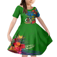 Personalised Vanuatu Malampa Day Family Matching Mermaid Dress and Hawaiian Shirt Coat Of Arms Mix Tropical Flowers LT14 Daughter's Dress Green - Polynesian Pride
