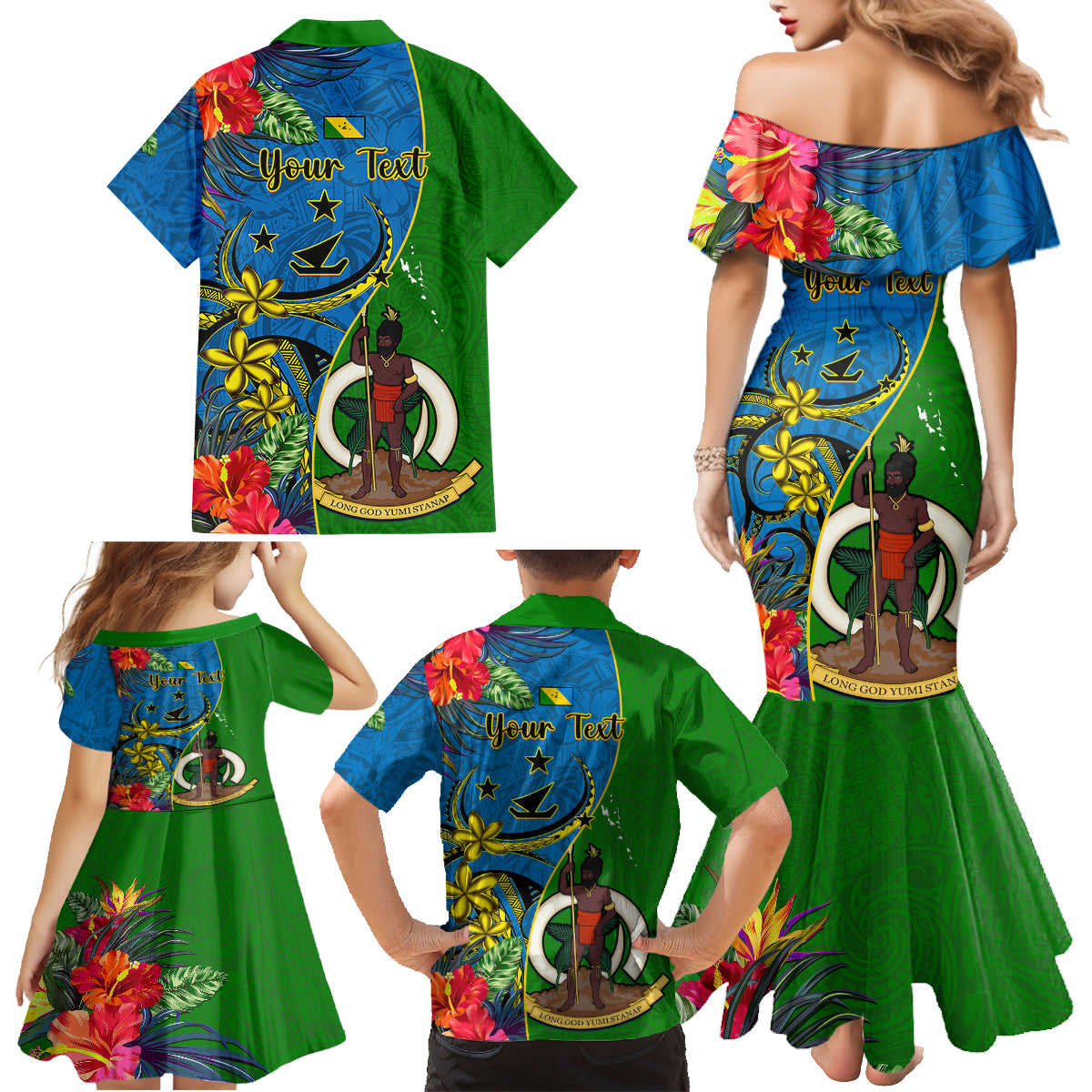 Personalised Vanuatu Malampa Day Family Matching Mermaid Dress and Hawaiian Shirt Coat Of Arms Mix Tropical Flowers LT14 - Polynesian Pride