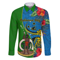 Personalised Vanuatu Malampa Day Family Matching Mermaid Dress and Hawaiian Shirt Coat Of Arms Mix Tropical Flowers LT14 Dad's Shirt - Long Sleeve Green - Polynesian Pride