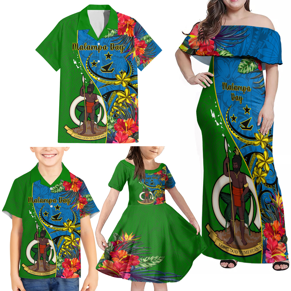Personalised Vanuatu Malampa Day Family Matching Off Shoulder Maxi Dress and Hawaiian Shirt Coat Of Arms Mix Tropical Flowers LT14 - Polynesian Pride