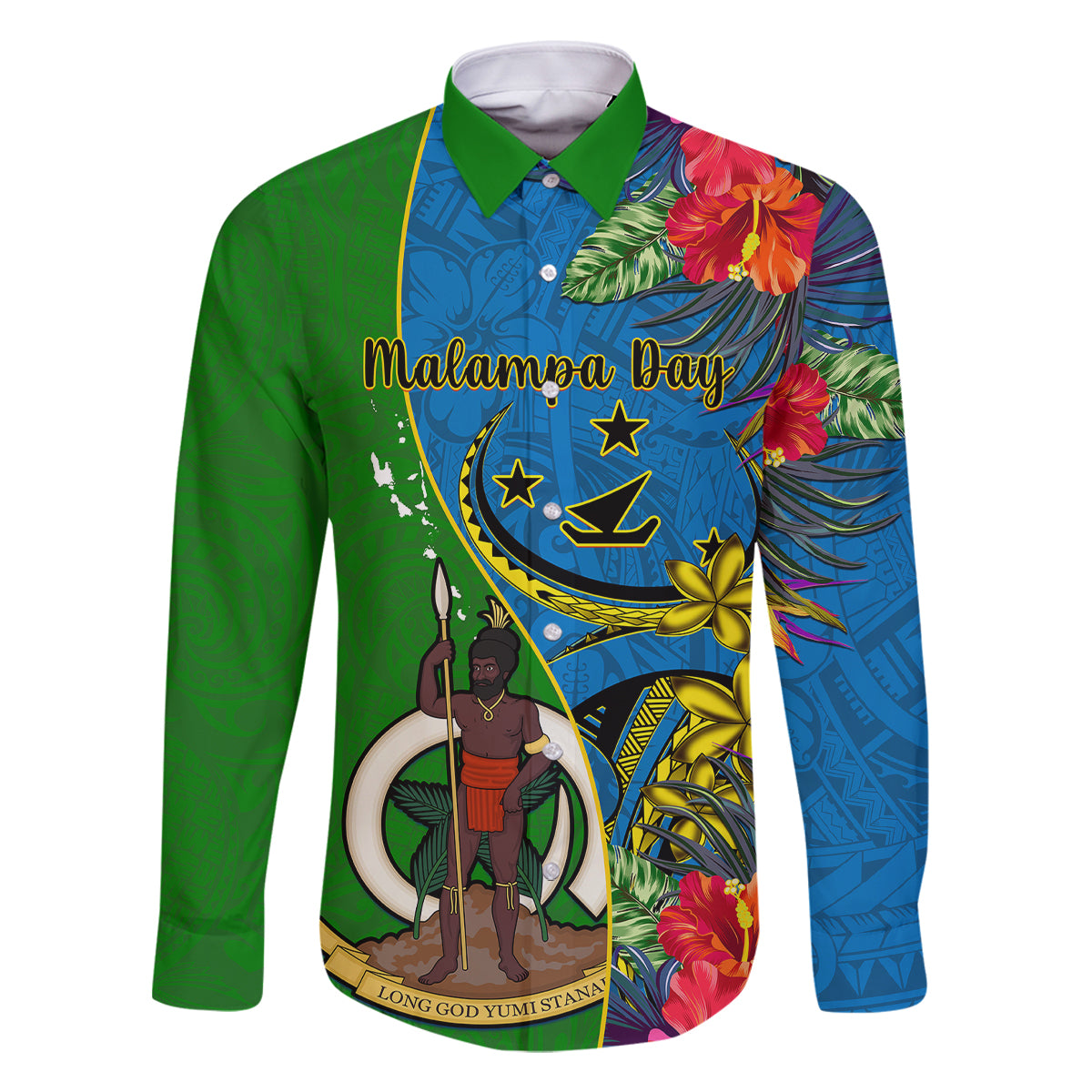 Personalised Vanuatu Malampa Day Family Matching Off Shoulder Maxi Dress and Hawaiian Shirt Coat Of Arms Mix Tropical Flowers LT14 Dad's Shirt - Long Sleeve Green - Polynesian Pride