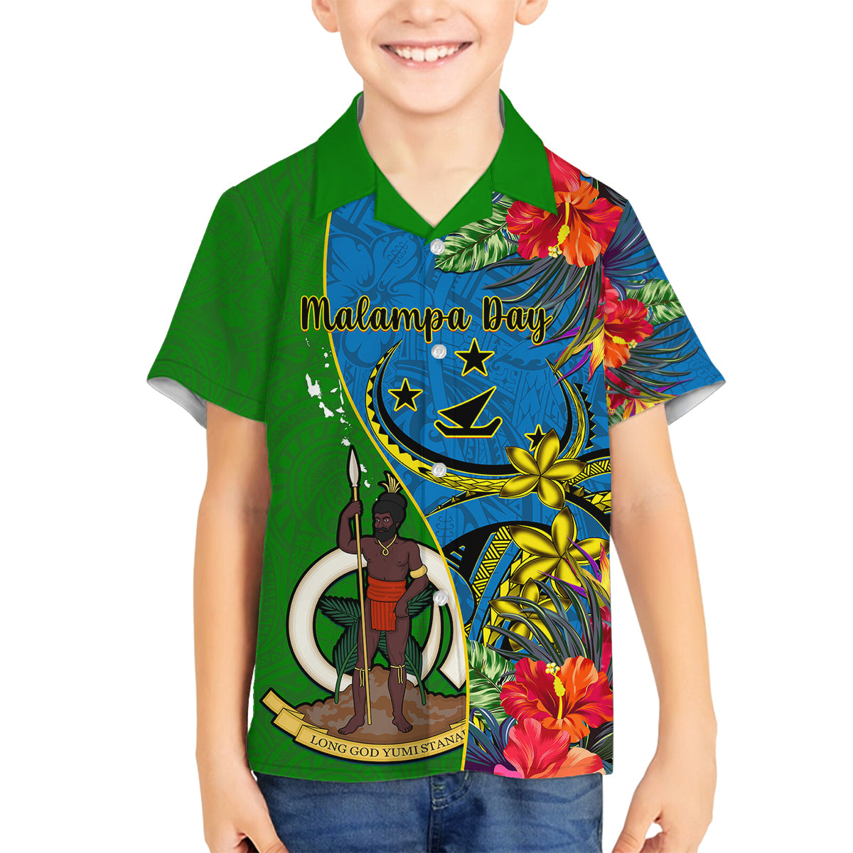 Personalised Vanuatu Malampa Day Family Matching Off Shoulder Maxi Dress and Hawaiian Shirt Coat Of Arms Mix Tropical Flowers LT14 Son's Shirt Green - Polynesian Pride