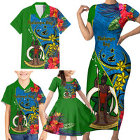 Personalised Vanuatu Malampa Day Family Matching Short Sleeve Bodycon Dress and Hawaiian Shirt Coat Of Arms Mix Tropical Flowers LT14 - Polynesian Pride