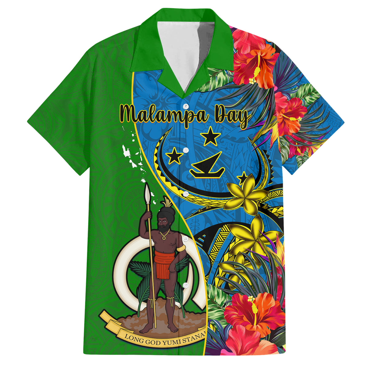 Personalised Vanuatu Malampa Day Family Matching Short Sleeve Bodycon Dress and Hawaiian Shirt Coat Of Arms Mix Tropical Flowers LT14 Dad's Shirt - Short Sleeve Green - Polynesian Pride