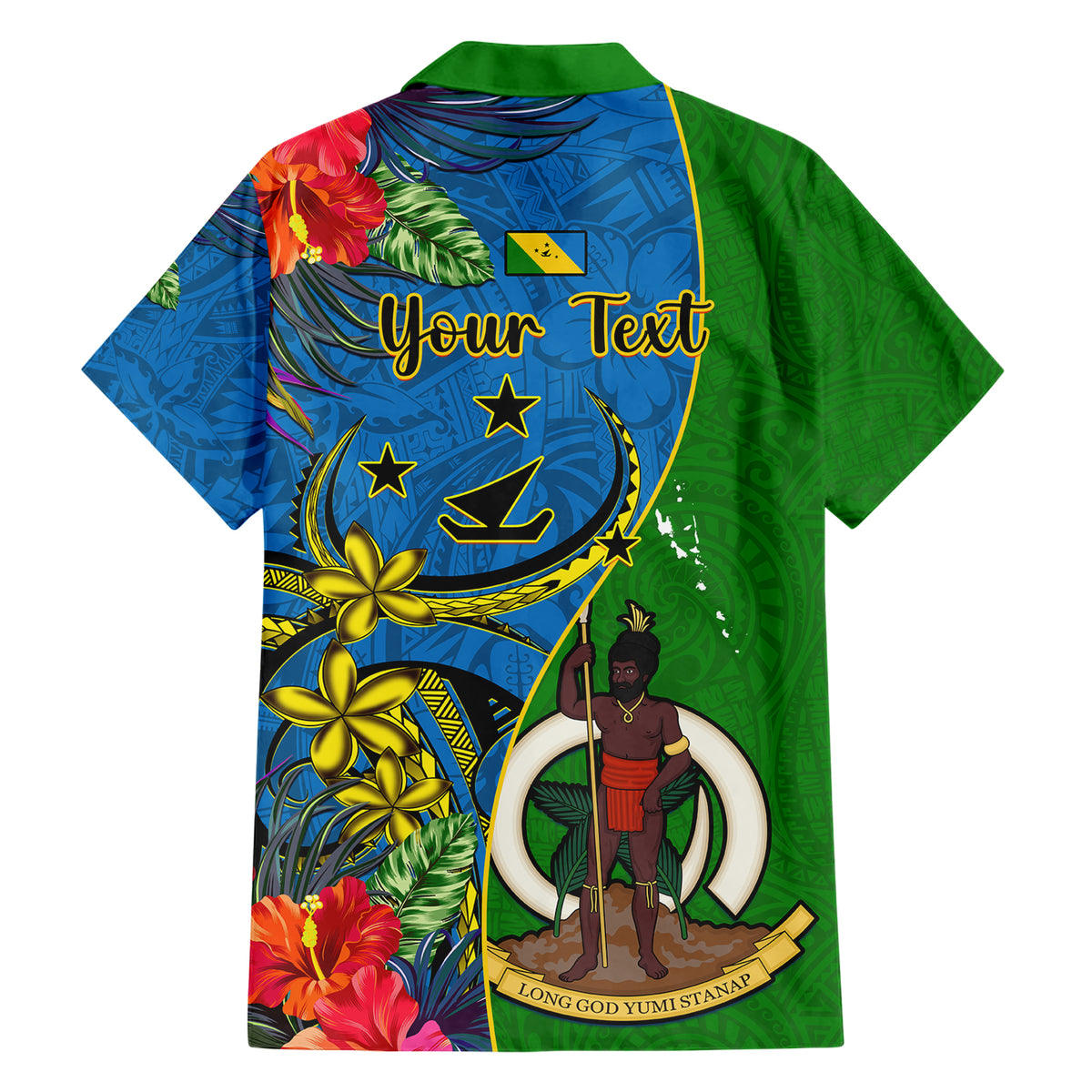 Personalised Vanuatu Malampa Day Family Matching Short Sleeve Bodycon Dress and Hawaiian Shirt Coat Of Arms Mix Tropical Flowers LT14 - Polynesian Pride