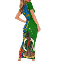 Personalised Vanuatu Malampa Day Family Matching Short Sleeve Bodycon Dress and Hawaiian Shirt Coat Of Arms Mix Tropical Flowers LT14 - Polynesian Pride