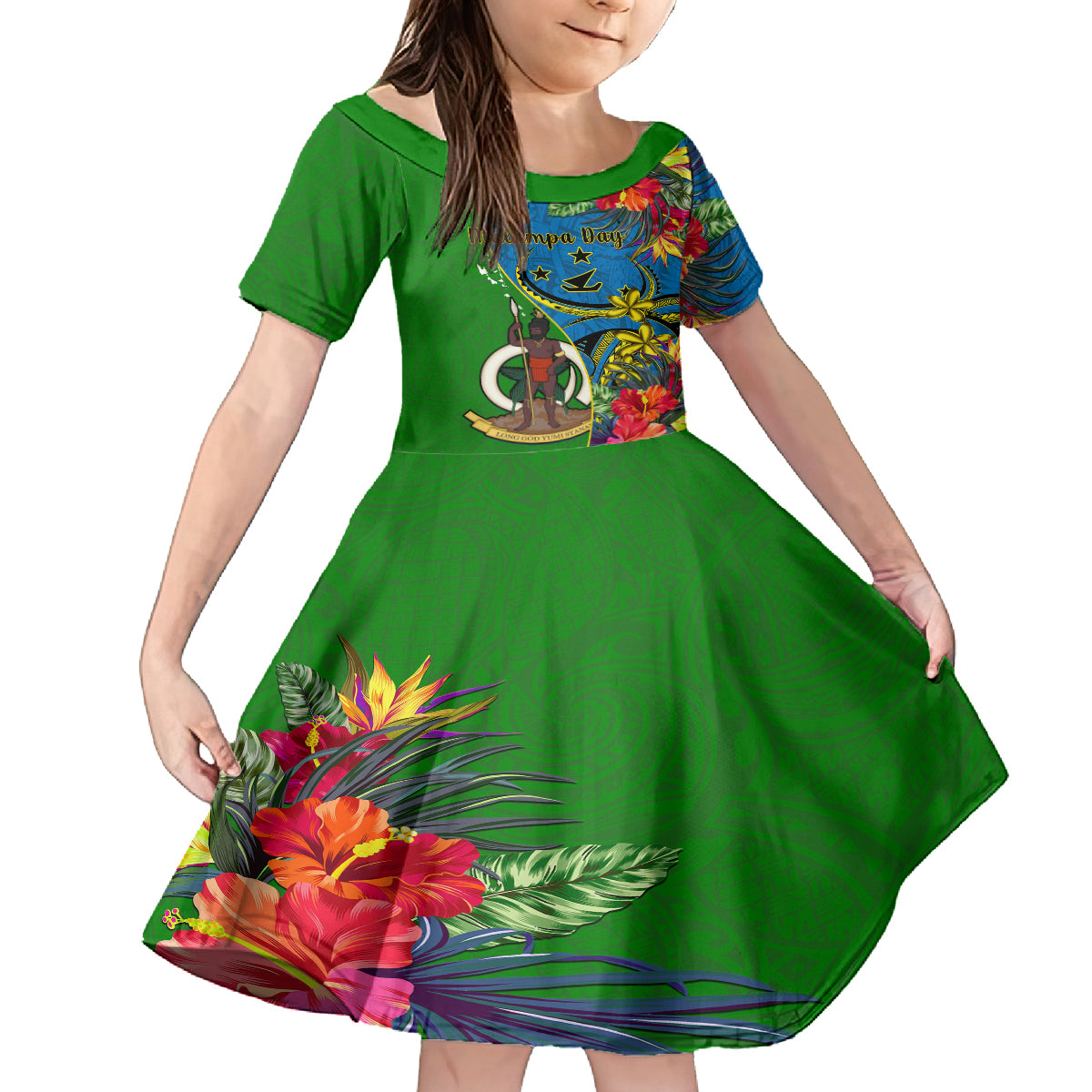 Personalised Vanuatu Malampa Day Family Matching Tank Maxi Dress and Hawaiian Shirt Coat Of Arms Mix Tropical Flowers LT14 Daughter's Dress Green - Polynesian Pride