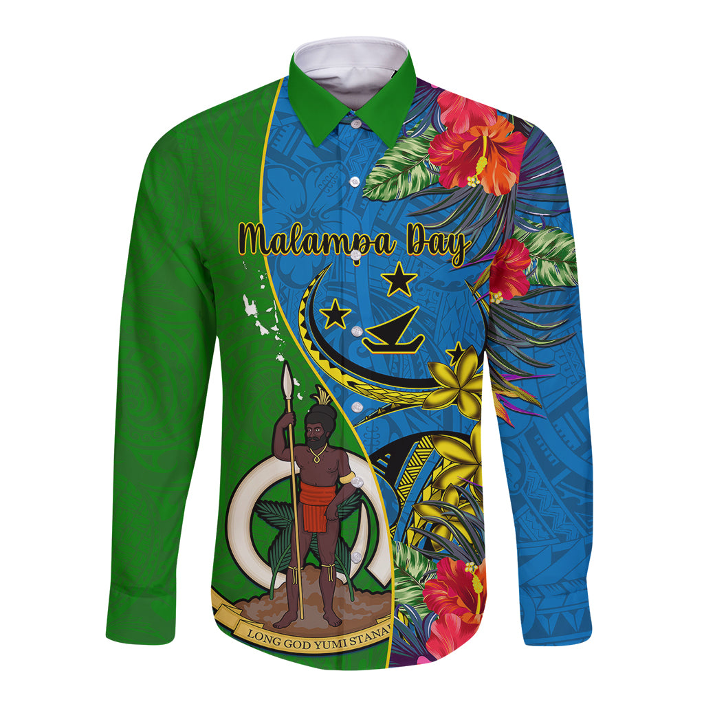 personalised-vanuatu-malampa-day-long-sleeve-button-shirt-coat-of-arms-mix-tropical-flowers