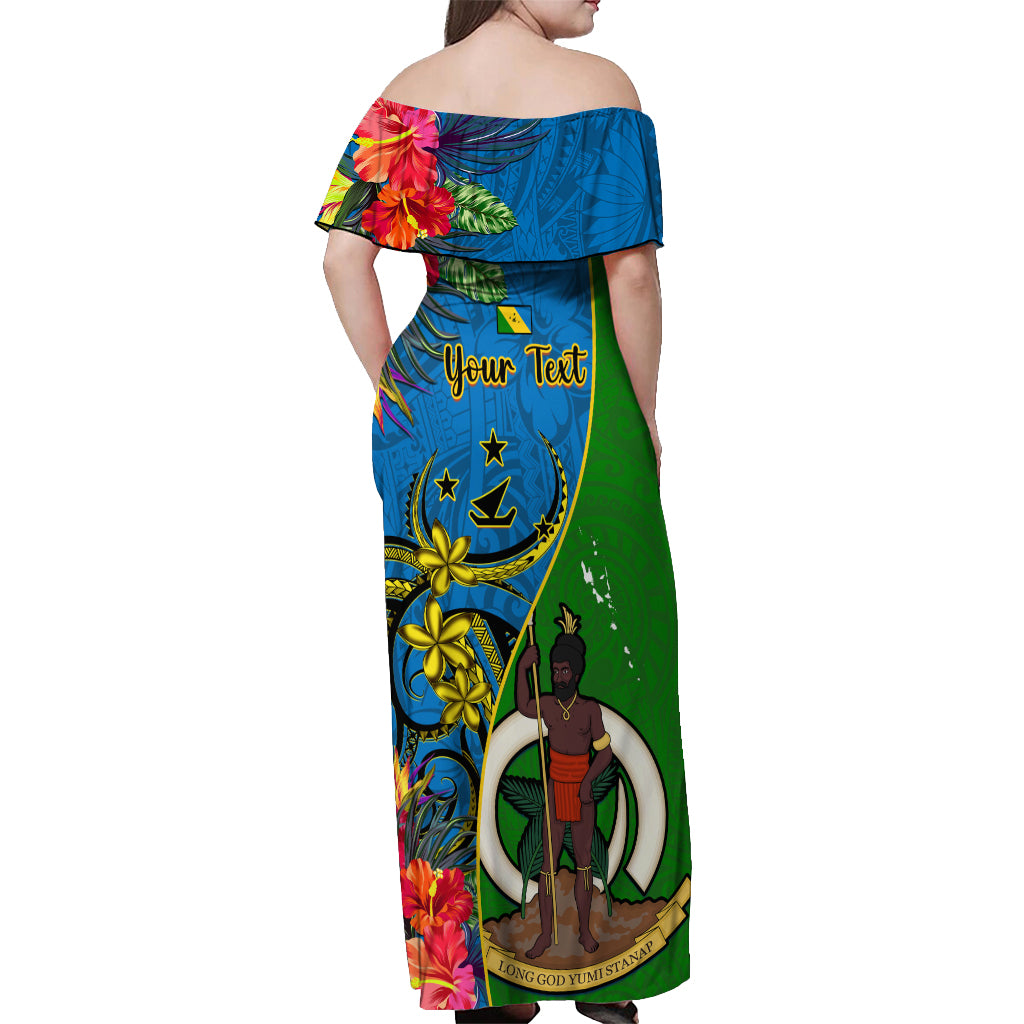 Personalised Vanuatu Malampa Day Off Shoulder Maxi Dress Coat Of Arms Mix Tropical Flowers LT14 - Polynesian Pride