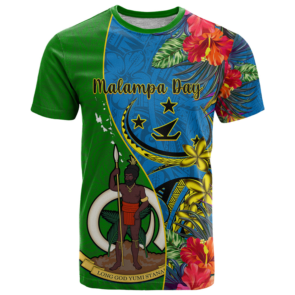 Personalised Vanuatu Malampa Day T Shirt Coat Of Arms Mix Tropical Flowers LT14 Green - Polynesian Pride