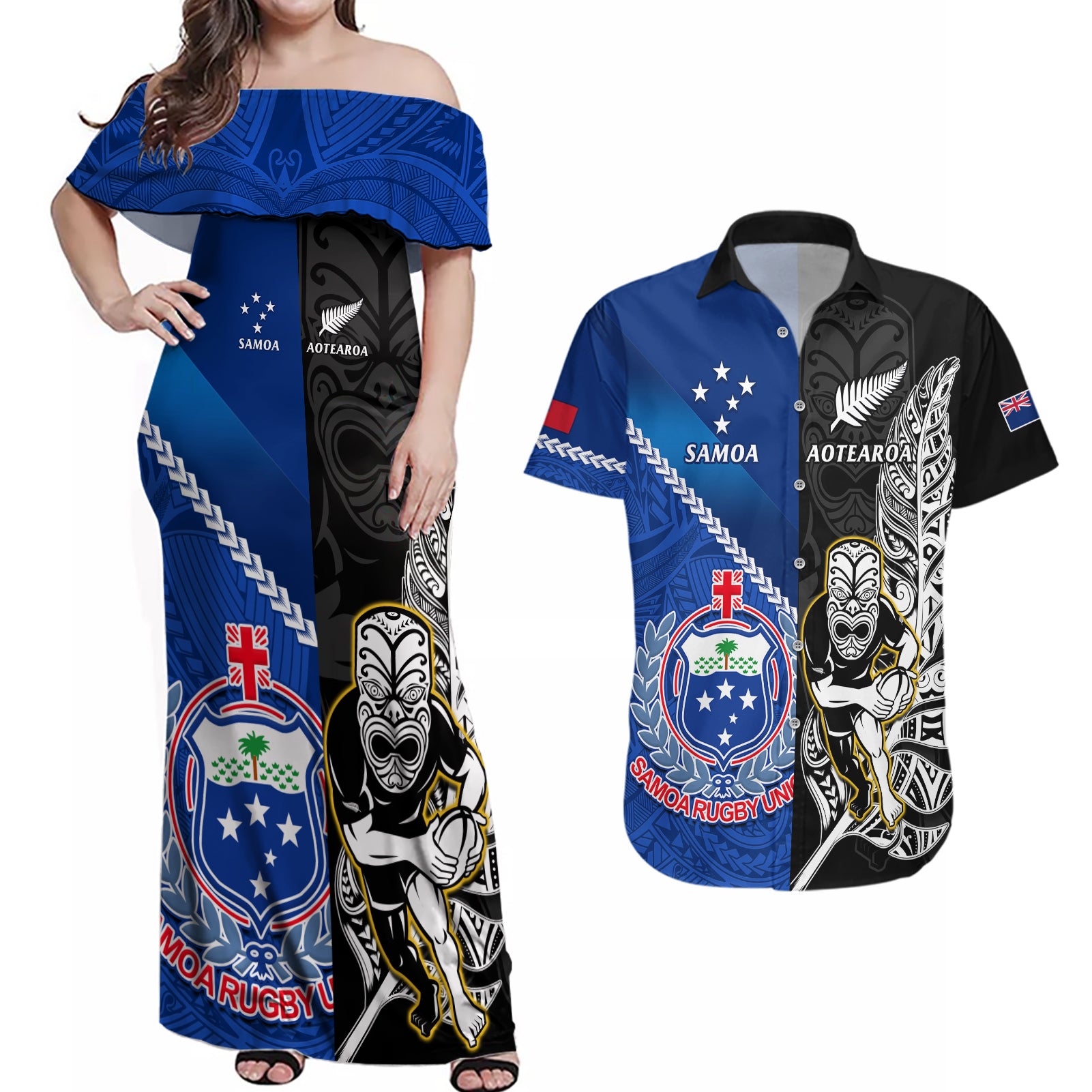 new-zealand-and-samoa-rugby-couples-matching-off-shoulder-maxi-dress-and-hawaiian-shirt-all-black-tiki-fern-mix-manu-samoa-2023-world-cup