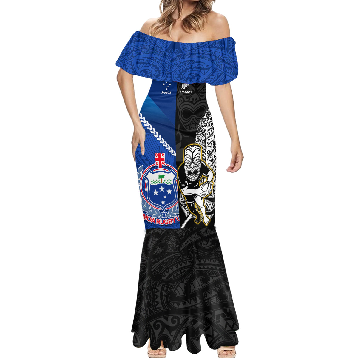 new-zealand-and-samoa-rugby-mermaid-dress-all-black-tiki-fern-mix-manu-samoa-2023-world-cup