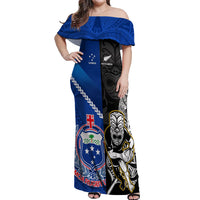 New Zealand And Samoa Rugby Off Shoulder Maxi Dress All Black Tiki Fern Mix Manu Samoa 2023 World Cup LT14 Women Black - Polynesian Pride