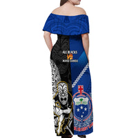 New Zealand And Samoa Rugby Off Shoulder Maxi Dress All Black Tiki Fern Mix Manu Samoa 2023 World Cup LT14 - Polynesian Pride
