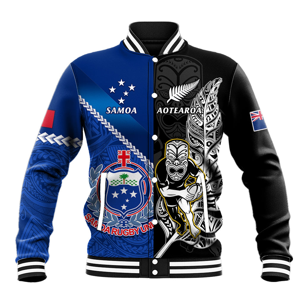 Custom New Zealand And Samoa Rugby Baseball Jacket All Black Tiki Fern Mix Manu Samoa 2023 World Cup LT14 Unisex Black - Polynesian Pride
