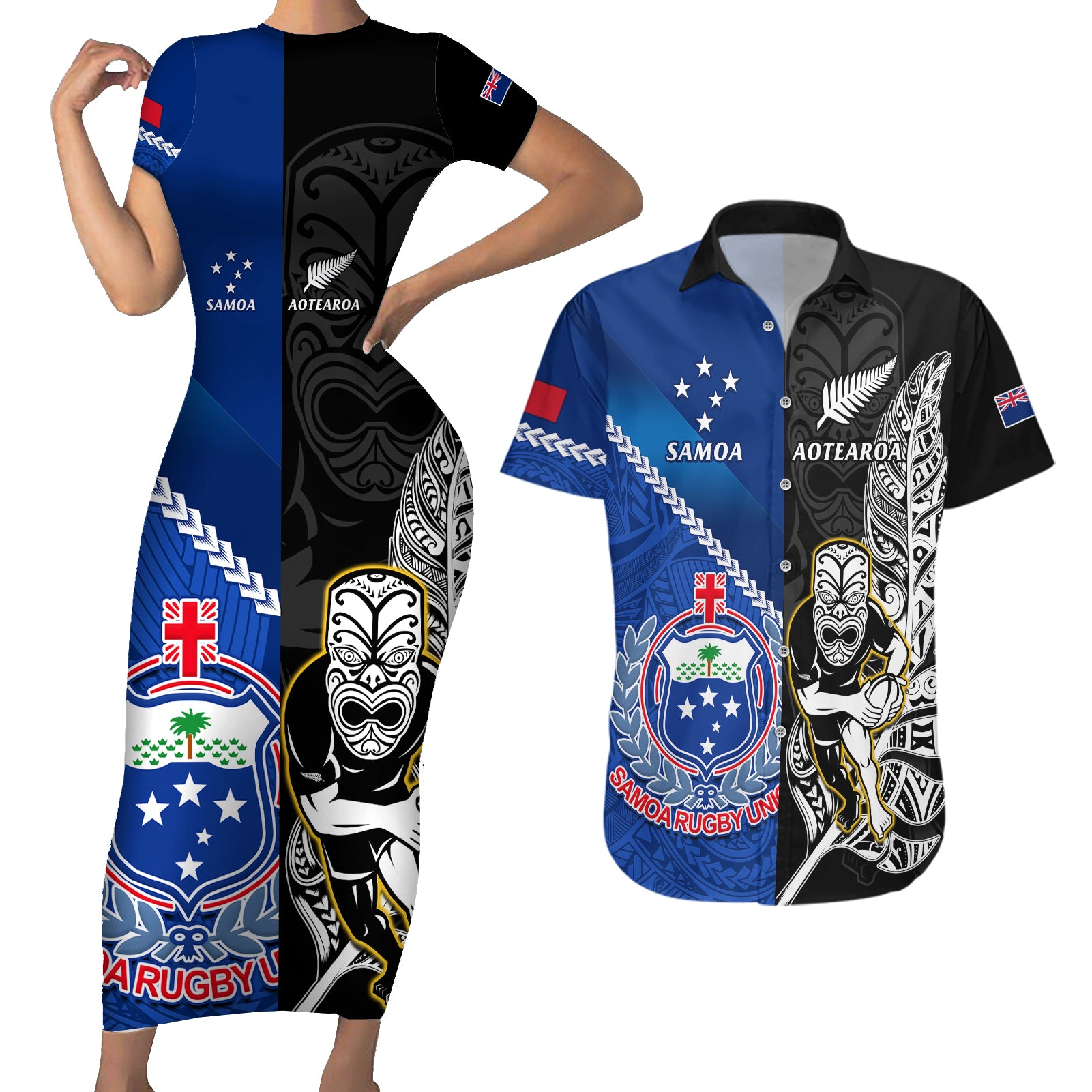 custom-new-zealand-and-samoa-rugby-couples-matching-short-sleeve-bodycon-dress-and-hawaiian-shirt-all-black-tiki-fern-mix-manu-samoa-2023-world-cup