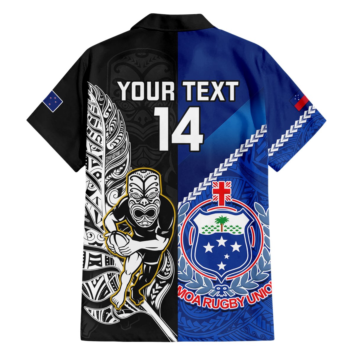 Custom New Zealand And Samoa Rugby Hawaiian Shirt All Black Tiki Fern Mix Manu Samoa 2023 World Cup LT14 - Polynesian Pride