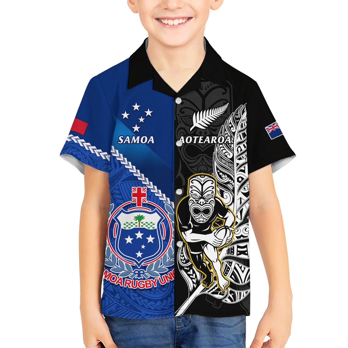 Custom New Zealand And Samoa Rugby Hawaiian Shirt All Black Tiki Fern Mix Manu Samoa 2023 World Cup LT14 - Polynesian Pride