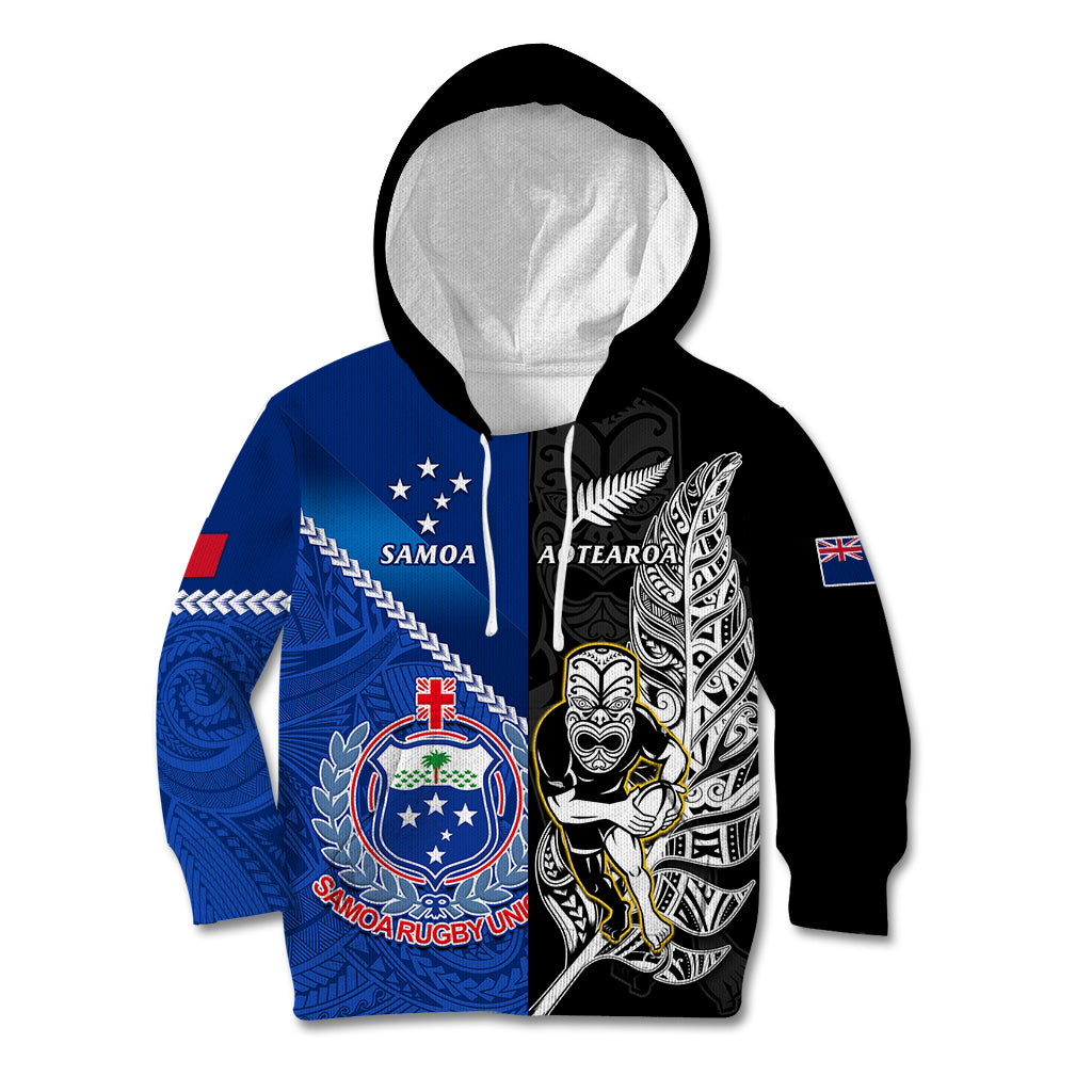 Custom New Zealand And Samoa Rugby Kid Hoodie All Black Tiki Fern Mix Manu Samoa 2023 World Cup LT14 Black - Polynesian Pride