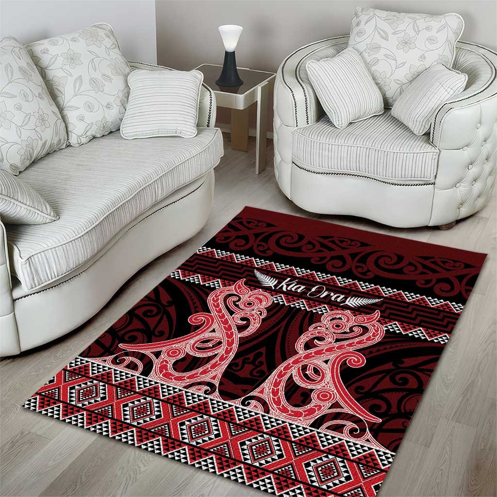 Kia Ora New Zealand Area Rug Maori Language Week Whero Taniko Motif - Polynesian Pride