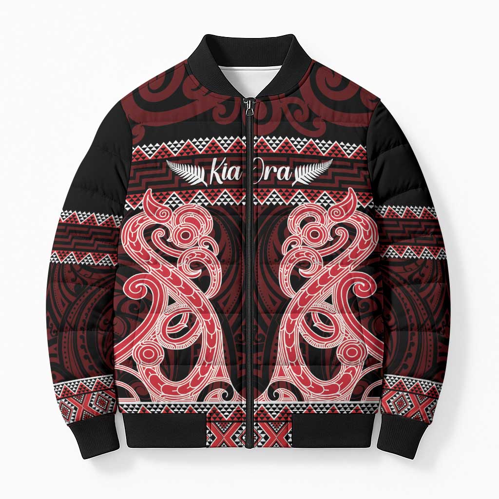 Kia Ora New Zealand Bomber Puffer Jacket Maori Language Week Whero Taniko Motif - Polynesian Pride