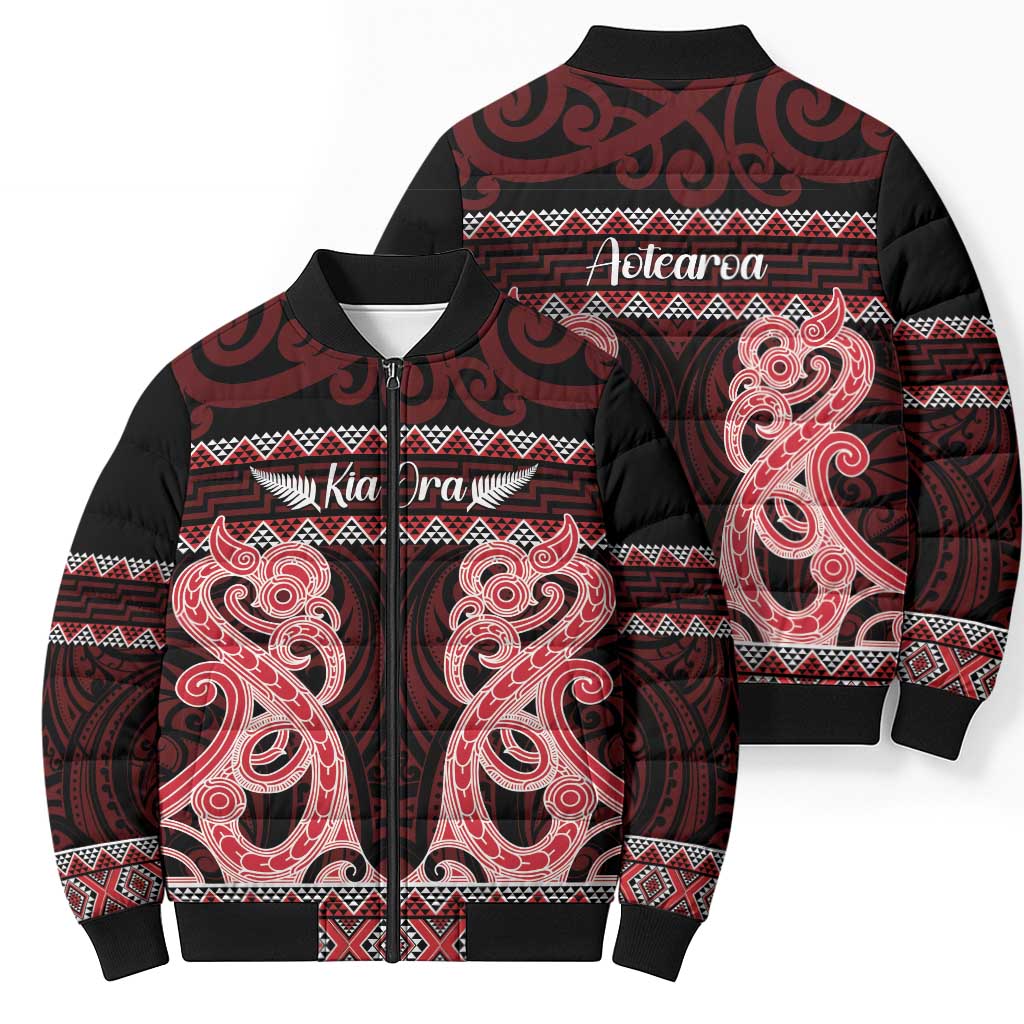 Kia Ora New Zealand Bomber Puffer Jacket Maori Language Week Whero Taniko Motif - Polynesian Pride
