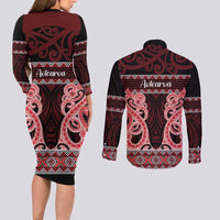 Kia Ora New Zealand Couples Matching Long Sleeve Bodycon Dress and Long Sleeve Button Shirt Maori Language Week Whero Taniko Motif - Polynesian Pride